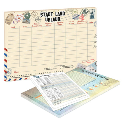 spielesammlung urlaub, 3er set bestehend aus stadt land urlaub din a4, schiffe versenken din a4 und einem würfelspielblock din a6