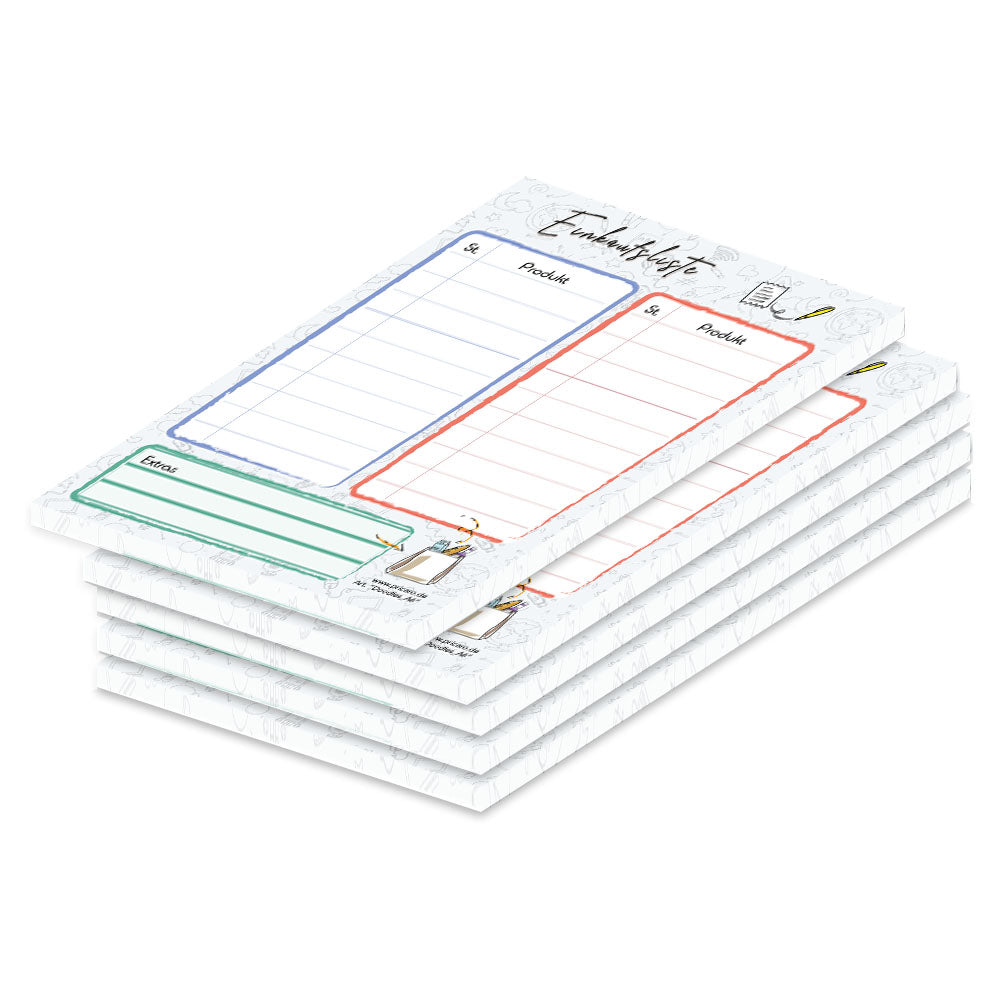 einkaufsliste doodles a6, bunte optik, mit zeilen für stück und produkt zum abhaken, 5er set