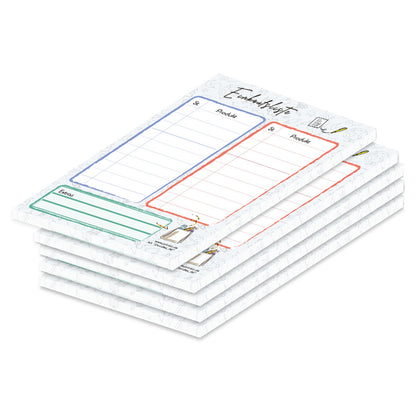 einkaufsliste doodles a6, bunte optik, mit zeilen für stück und produkt zum abhaken, 5er set