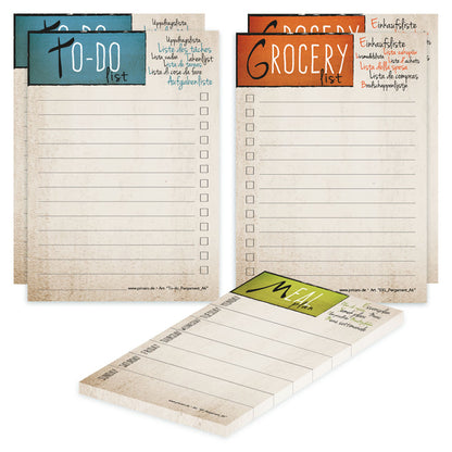 planer komplett-set pergament, a6, 2x to-do liste, 2x einkaufsliste, 1x essensplaner, beige-bunte optik, 5er set