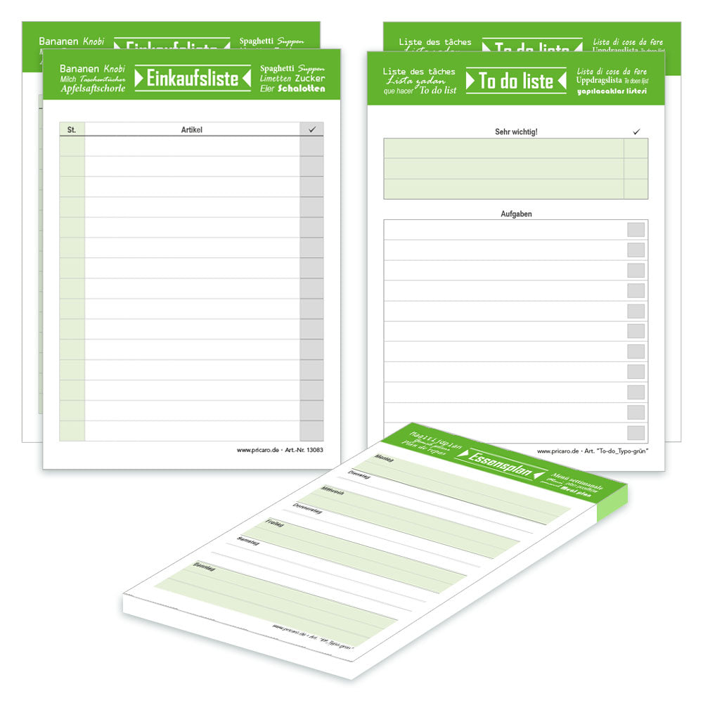 planer komplett-set typo grün, a6, 2x to-do liste, 2x einkaufsliste, 1x essensplaner, weiß grüne optik, 5er set