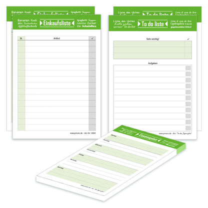planer komplett-set typo grün, a6, 2x to-do liste, 2x einkaufsliste, 1x essensplaner, weiß grüne optik, 5er set