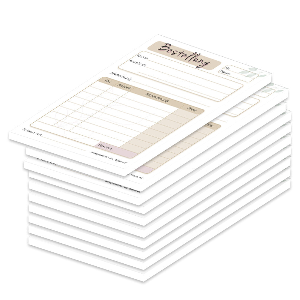 Bestellannahmeblock blätter, a6, beige-weiße optik , modernes design mit blätter optik, platz für wichtige bestellinformationen wie kundendaten, artikeldaten, preis, uvm., 10er set