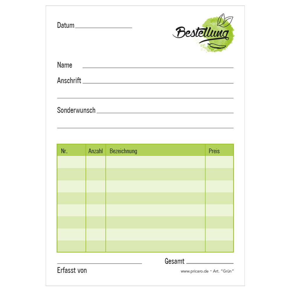 Bestellannahmeblock grün, a6, grüne optik, platz für wichtige bestellinformationen wie kundendaten, artikeldaten, preis, uvm., frontansicht