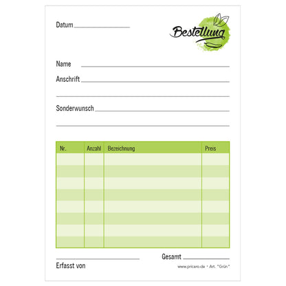 Bestellannahmeblock grün, a6, grüne optik, platz für wichtige bestellinformationen wie kundendaten, artikeldaten, preis, uvm., frontansicht