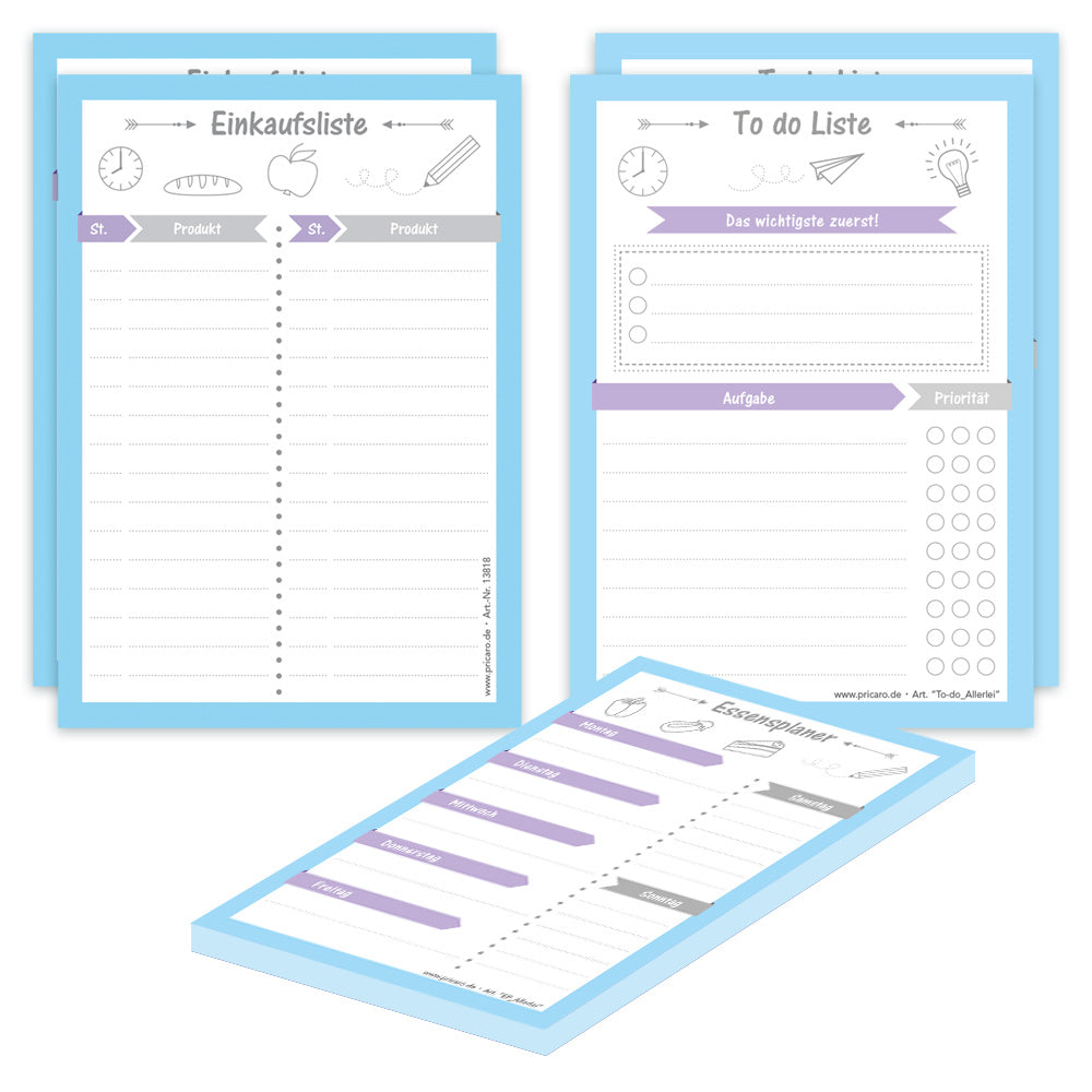 planer komplett-set allerlei, a6, 2x to-do liste, 2x einkaufsliste, 1x essensplaner, weiß blaue optik, 5er set