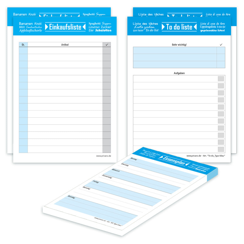 planer komplett-set typo blau, a6, 2x to-do liste, 2x einkaufsliste, 1x essensplaner, weiß blaue optik, 5er set