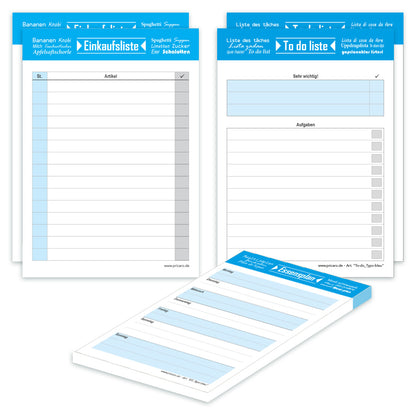 planer komplett-set typo blau, a6, 2x to-do liste, 2x einkaufsliste, 1x essensplaner, weiß blaue optik, 5er set