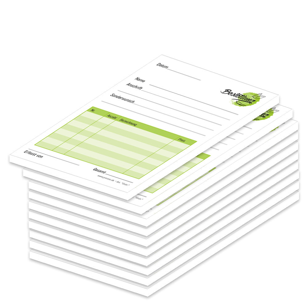 Bestellannahmeblock grün, a6, grüne optik, platz für wichtige bestellinformationen wie kundendaten, artikeldaten, preis, uvm., 10er set