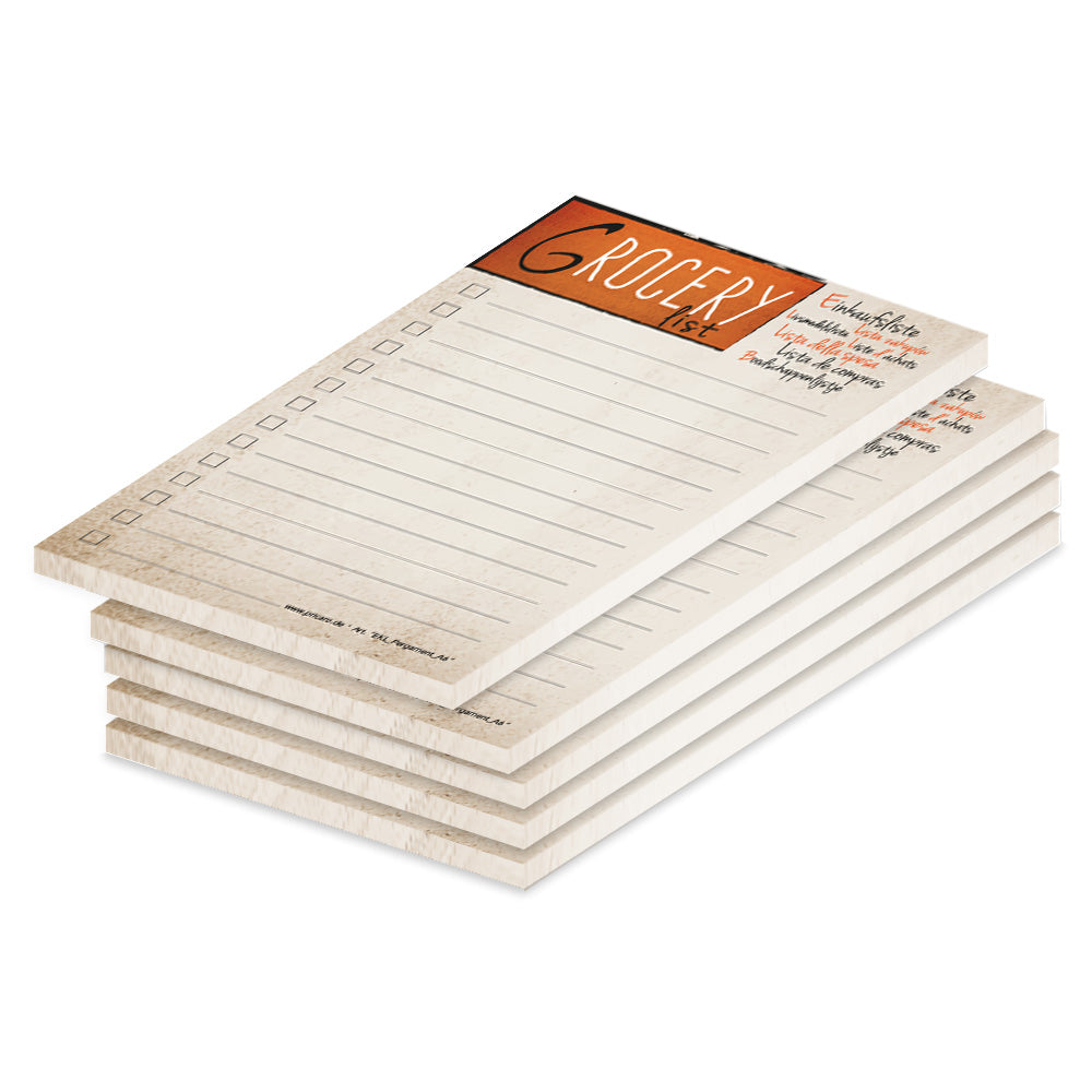 einkaufsliste pergament, a6, orange-beige optik, mit dem wort "einkaufsliste" übersetzt in verschiedene sprachen und spalten für produkte zum notieren und abhaken, 5er set