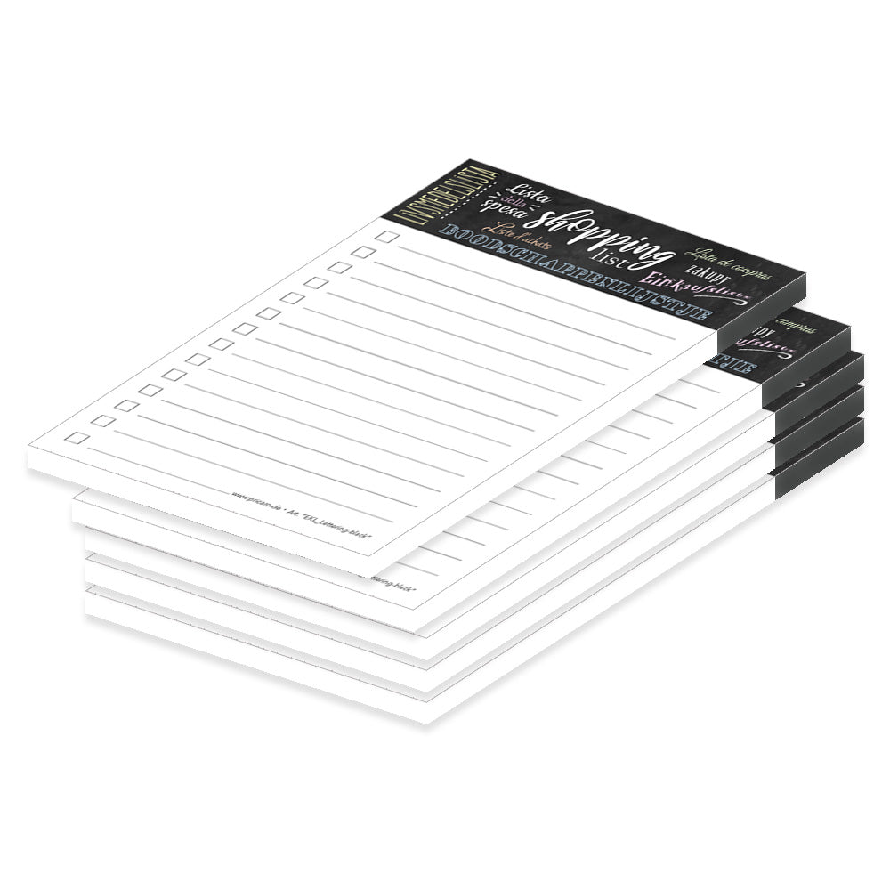 einkaufsliste lettering black, a6, schwarz-weiße optik, mit dem wort "einkaufsliste" übersetzt in verschiedene sprachen und spalten für produkte zum notieren und abhaken, 5er set