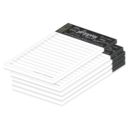 einkaufsliste lettering black, a6, schwarz-weiße optik, mit dem wort "einkaufsliste" übersetzt in verschiedene sprachen und spalten für produkte zum notieren und abhaken, 5er set