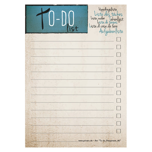 to do liste pergament, a6, beige-blaue optik mit zeilen zum abhaken der aufgaben, frontansicht