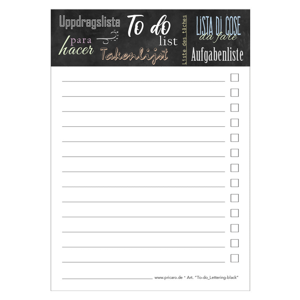 to do liste lettering-black, a6,  schwarz-weiße optik mit zeilen für notizen zum abhaken, frontansicht