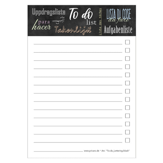 to do liste lettering-black, schwarz-weiße optik, a6, mit zeilen zum beschriften und abhaken, frontansicht