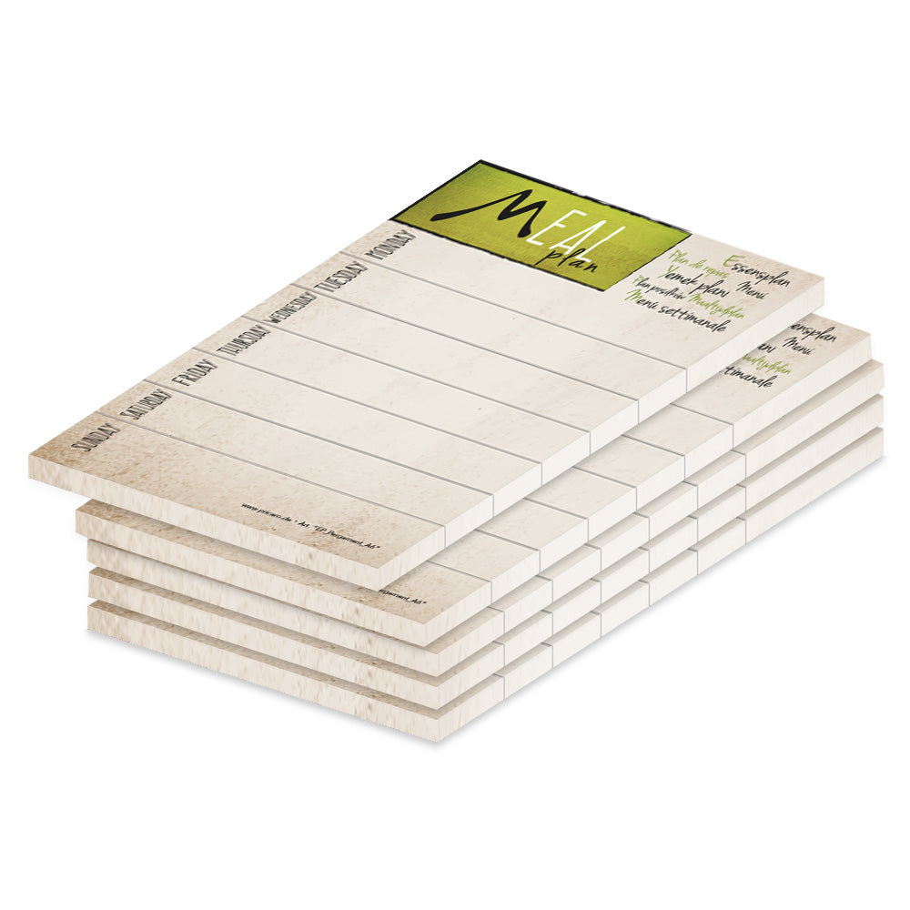 essensplaner pergament, a6, beige-grüne optik mit der aufschrift meal-plan und mit spalten für montag bis sonntag, in englisch, 5er set