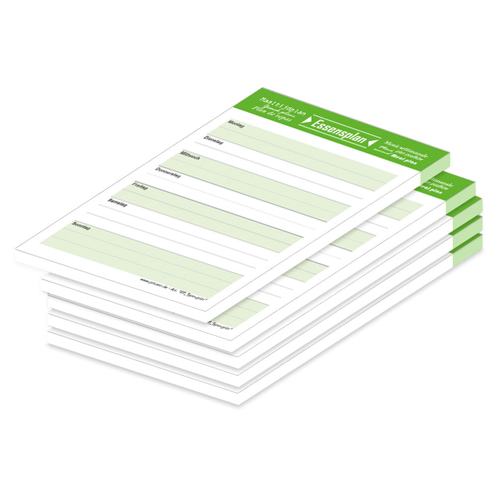 essensplaner typo grün, a6, grün-weiße optik, mit spalten für montag bis sonntag,  5er set