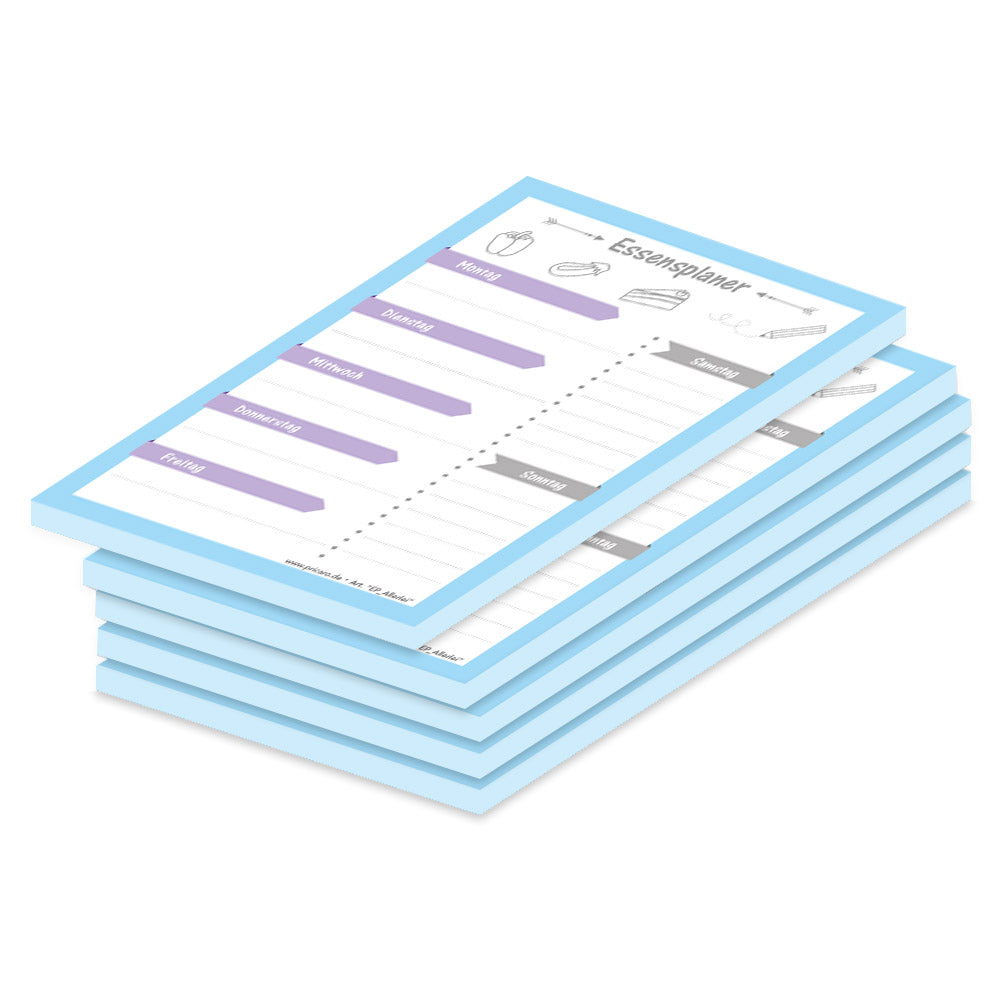essensplaner allerlei, a6, blau-weiß-lilafarbene optik mit illustrationen von lebensmitteln und spalten von montag bis sonntag,  5er set