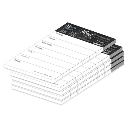 essensplaner lettering-black, a6, schwarz-weiße optik, mit spalten für montag bis sonntag, gestaltet auf englisch, 5er set