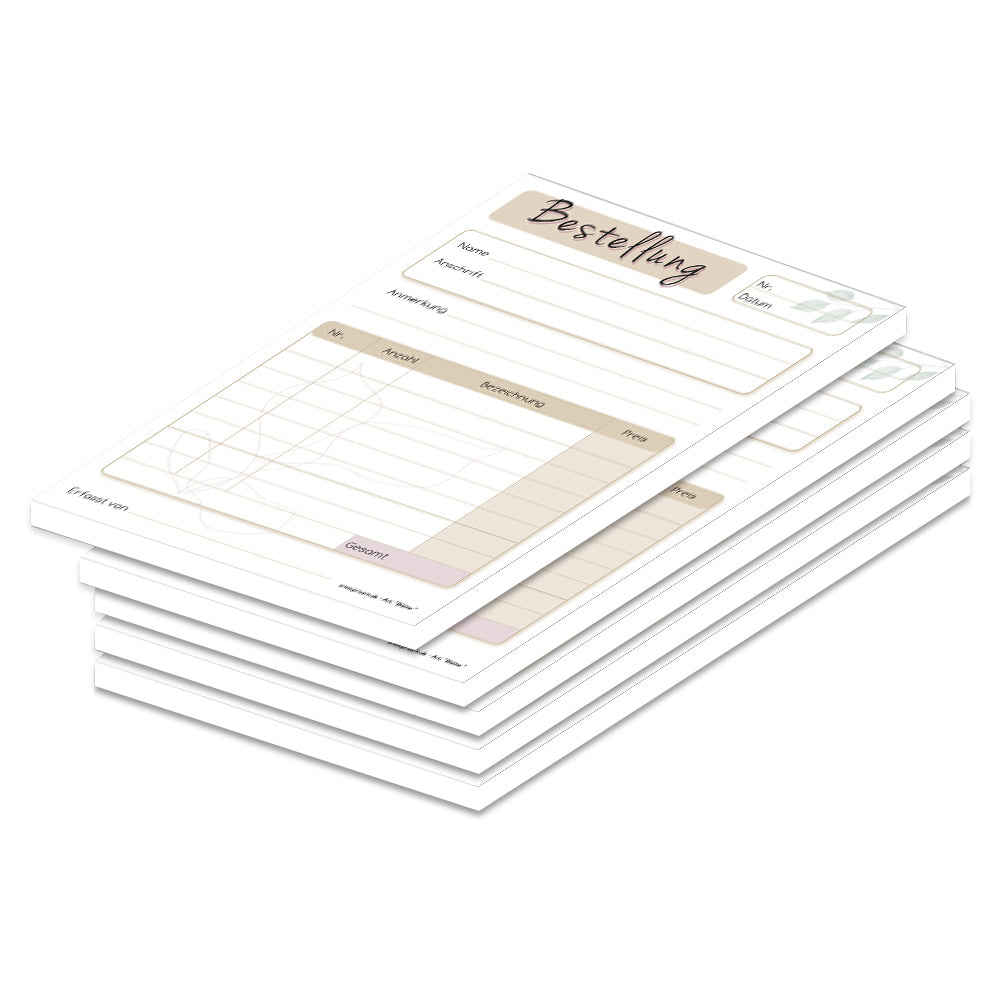 Bestellannahmeblock blätter, a5, beige-weiße optik , modernes design mit blätter optik, platz für wichtige bestellinformationen wie kundendaten, artikeldaten, preis, uvm., 5er set