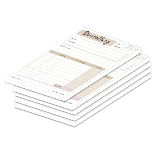 Bestellannahmeblock blätter, a5, beige-weiße optik , modernes design mit blätter optik, platz für wichtige bestellinformationen wie kundendaten, artikeldaten, preis, uvm., 5er set