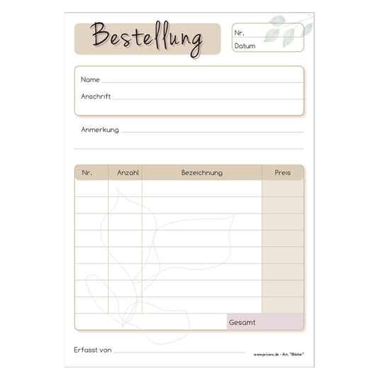 Bestellannahmeblock blätter, a5, beige-weiße optik , modernes design mit blätter optik, platz für wichtige bestellinformationen wie kundendaten, artikeldaten, preis, uvm., frontansicht