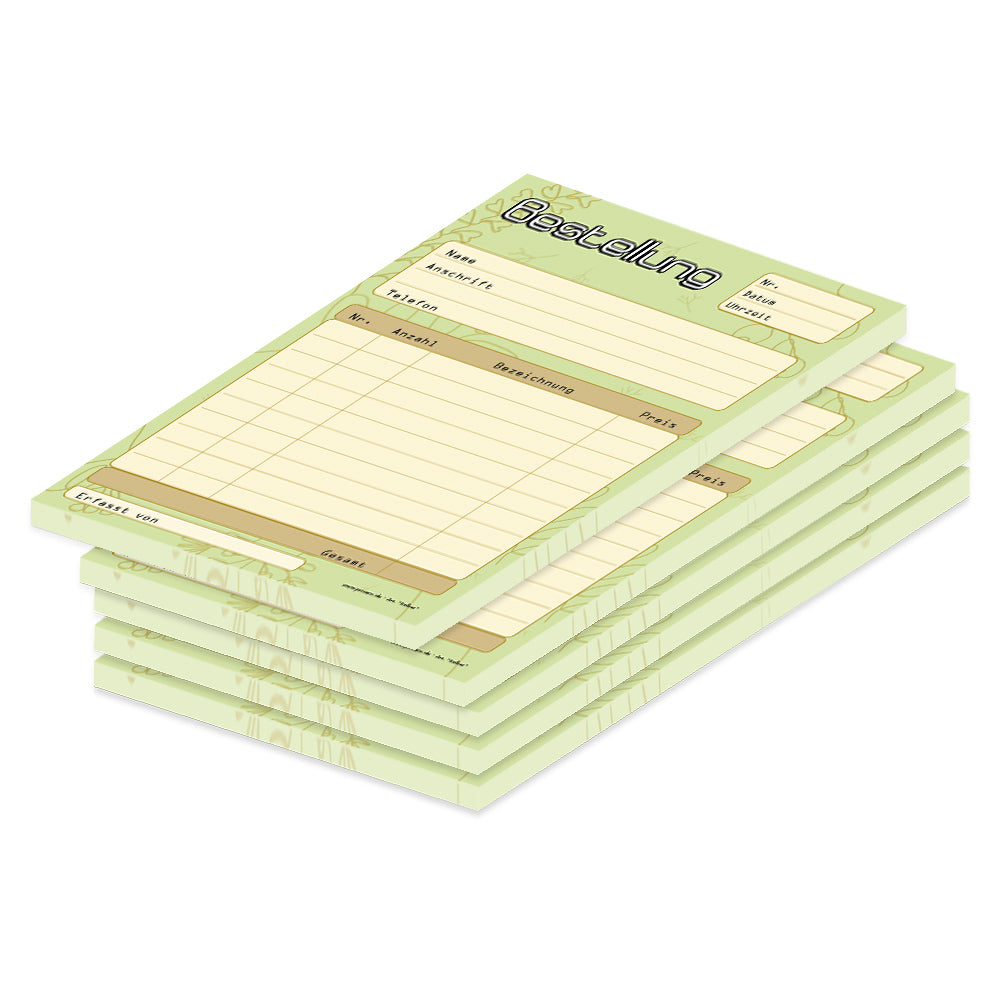 Bestellannahmeblock salbei, a5, gelb-grüne optik, platz für wichtige bestellinformationen wie kundendaten, artikeldaten, preis, uvm., 5er set