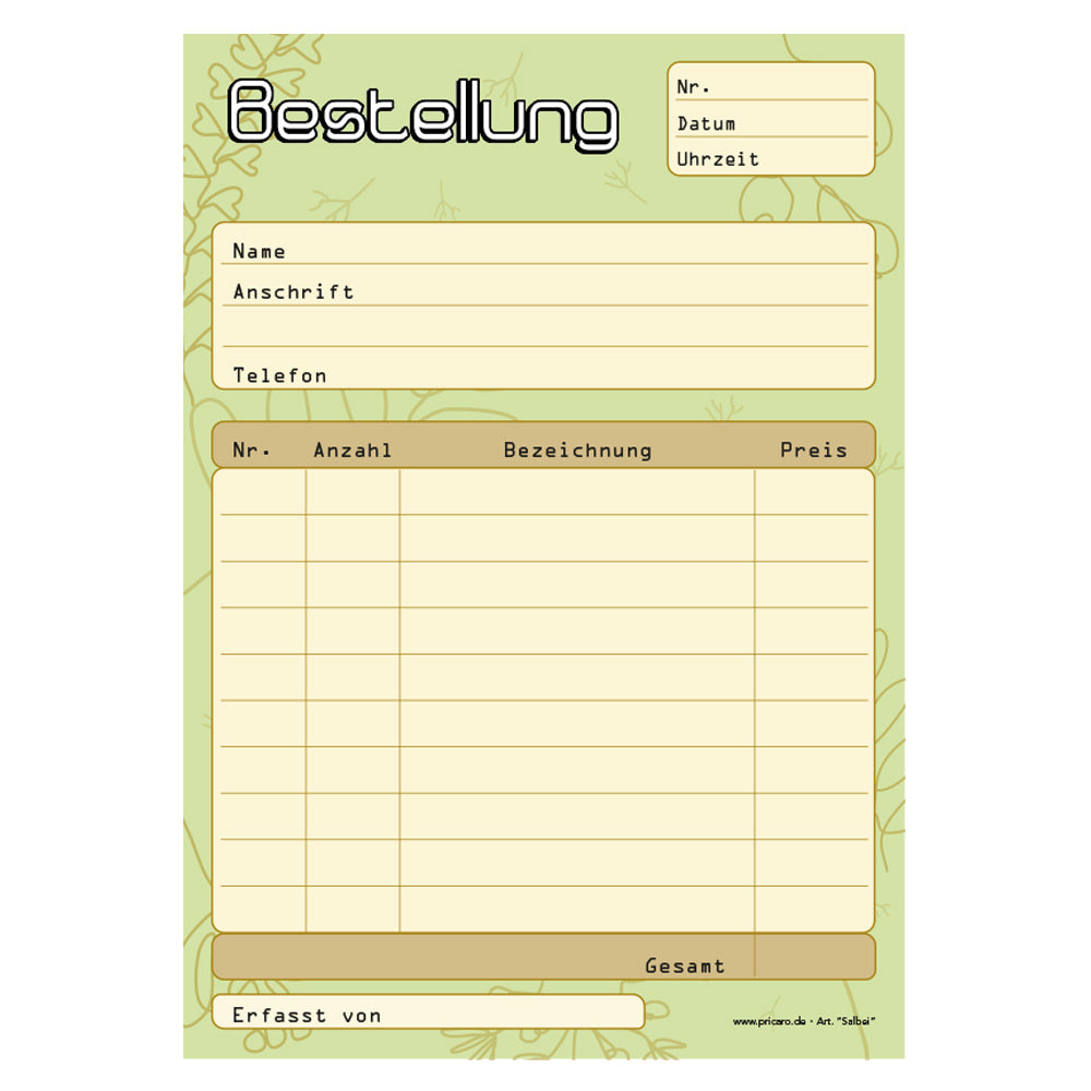 Bestellannahmeblock salbei, a5, gelb-grüne optik, platz für wichtige bestellinformationen wie kundendaten, artikeldaten, preis, uvm., frontansicht