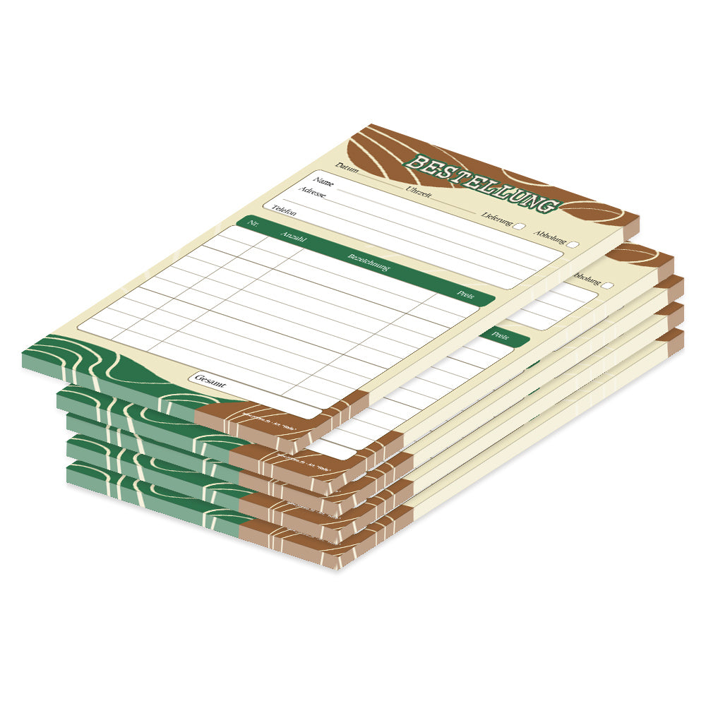 Bestellannahmeblock welle, a5, braun-grüne, platz für wichtige bestellinformationen wie kundendaten, artikeldaten, preis, uvm., 5er set
