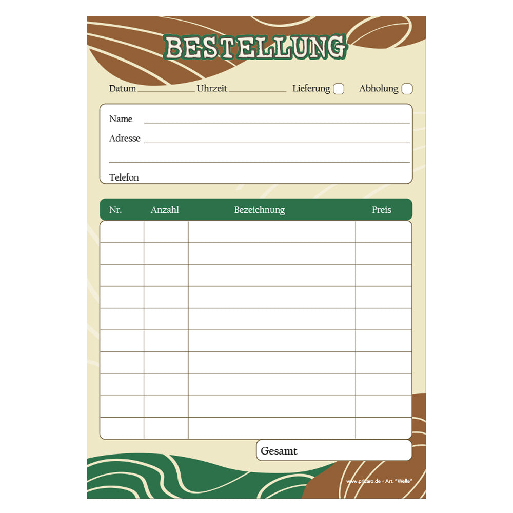 Bestellannahmeblock welle, a5, braun-grüne, platz für wichtige bestellinformationen wie kundendaten, artikeldaten, preis, uvm., frontansicht