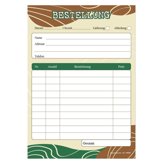 Bestellannahmeblock welle, a5, braun-grüne, platz für wichtige bestellinformationen wie kundendaten, artikeldaten, preis, uvm., frontansicht