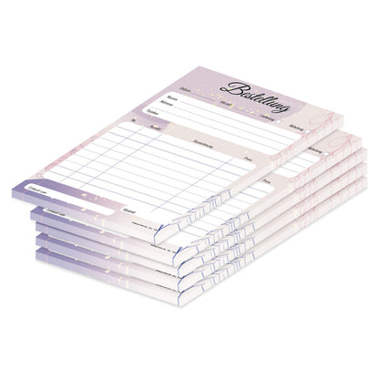 Bestellannahmeblock lila, a5, lila-rosafarbene optik, platz für wichtige bestellinformationen wie kundendaten, artikeldaten, preis, uvm., 5er set