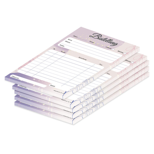 Bestellannahmeblock lila, a5, lila-rosafarbene optik, platz für wichtige bestellinformationen wie kundendaten, artikeldaten, preis, uvm., 5er set