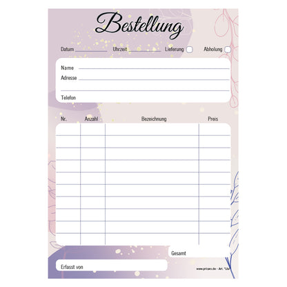 Bestellannahmeblock lila, a5, lila-rosafarbene optik, platz für wichtige bestellinformationen wie kundendaten, artikeldaten, preis, uvm., frontansicht