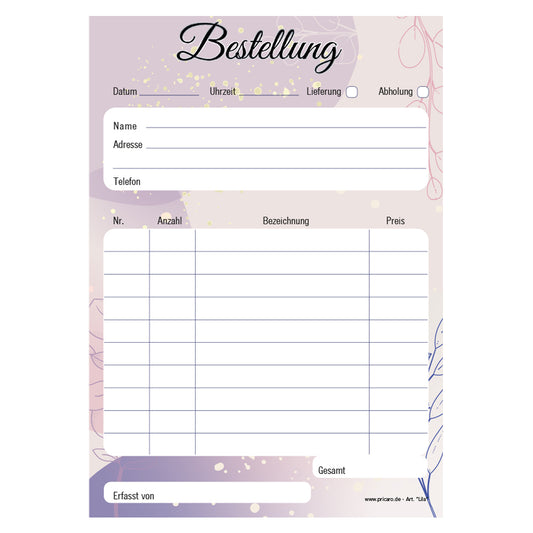 Bestellannahmeblock lila, a5, lila-rosafarbene optik, platz für wichtige bestellinformationen wie kundendaten, artikeldaten, preis, uvm., frontansicht