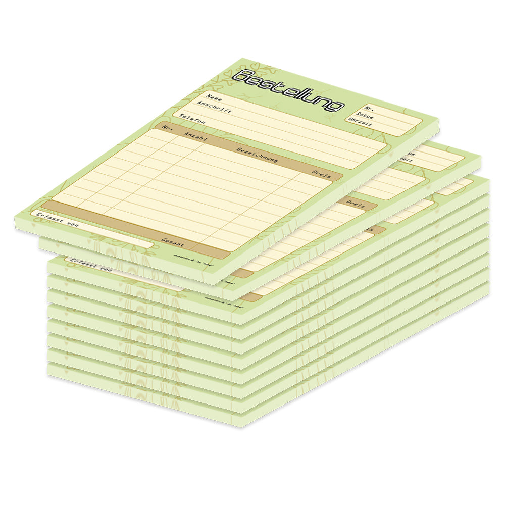 Bestellannahmeblock salbei, a5, gelb-grüne optik, platz für wichtige bestellinformationen wie kundendaten, artikeldaten, preis, uvm., 10er set