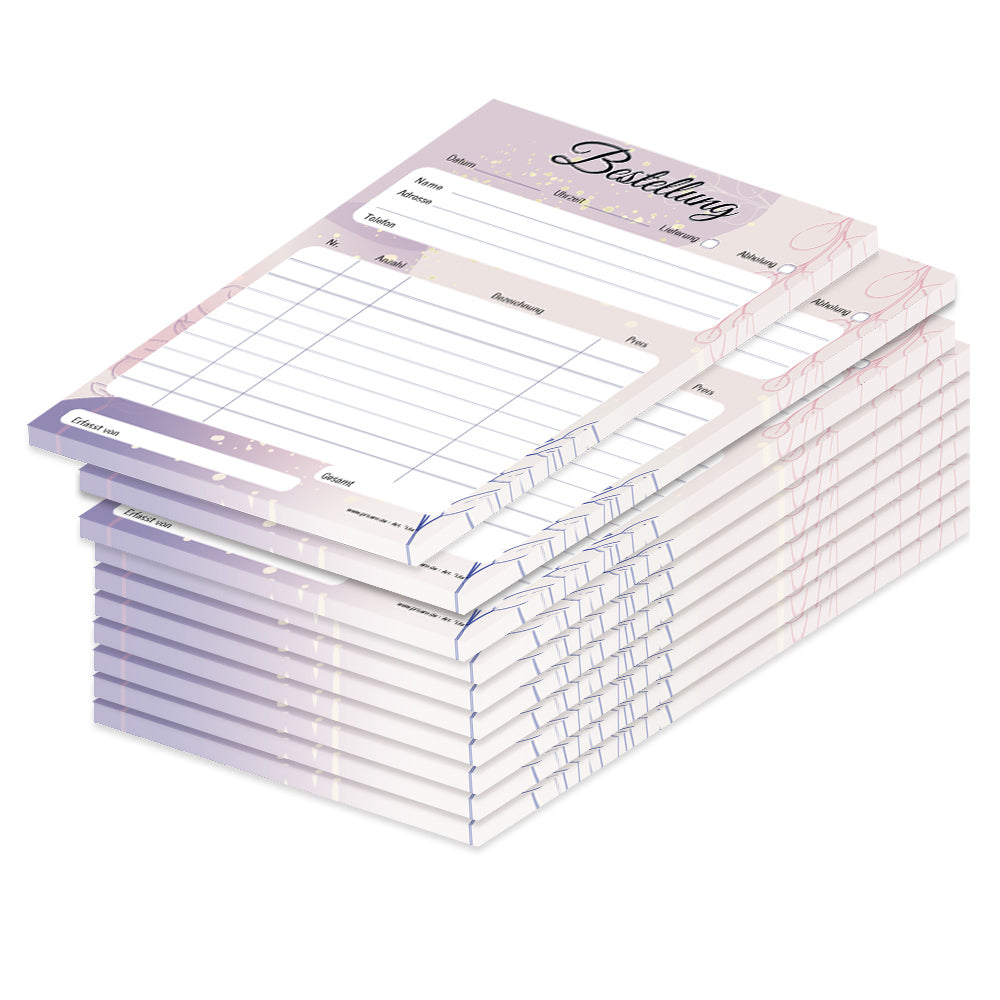 Bestellannahmeblock lila, a5, lila-rosafarbene optik, platz für wichtige bestellinformationen wie kundendaten, artikeldaten, preis, uvm., 10er set