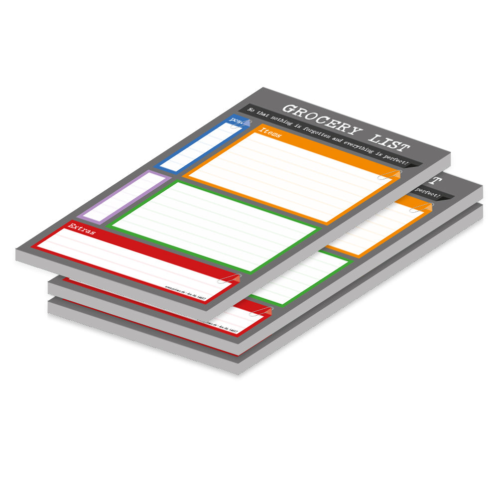 einkaufsliste perfekt, a5, senglische sprachversion, grau-bunte optik, 3er set