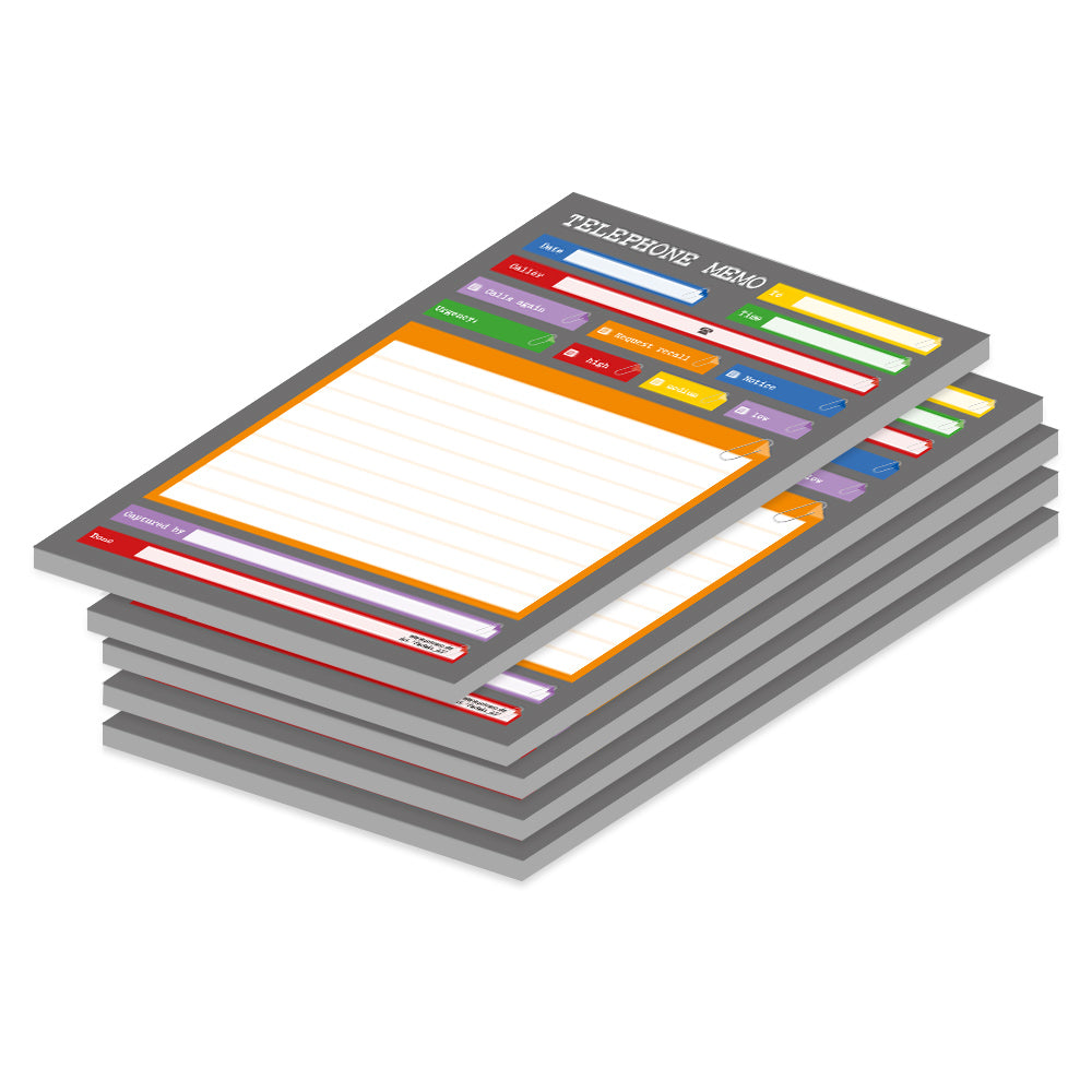 telefonnotizblock perfekt, grau-bunte optik, mit platz für datum, anruferinfos und anmerkungen, 5er set, englische sprachversion