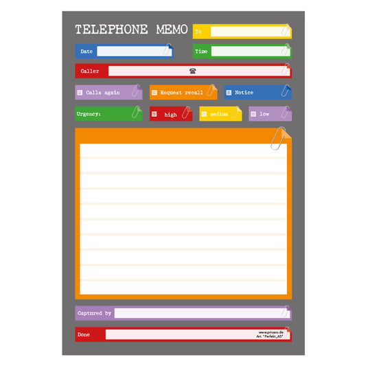 telefonnotizblock perfekt, grau-bunte optik, mit platz für datum, anruferinfos und anmerkungen, front ansicht, englische sprachversion