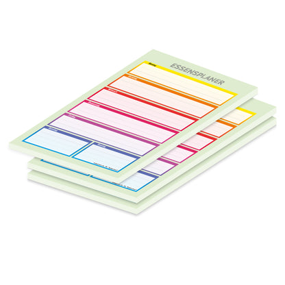 essensplaner system bunt , a5, grün-bunte optik mit der aufschrift essensplaner und mit spalten für montag bis sonntag, in regenbogenfarben, 3er set