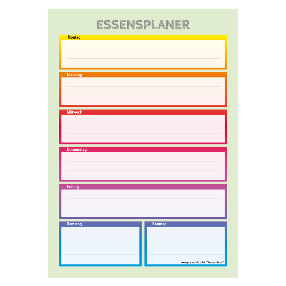essensplaner system bunt, a5, mit feldern von montag bis sonntag, frontansicht, bunt grüne optik