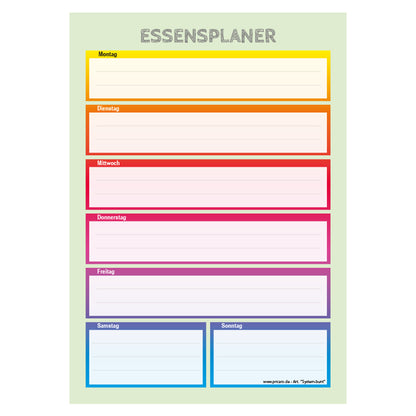 essensplaner system bunt, a5, mit feldern von montag bis sonntag, frontansicht, bunt grüne optik