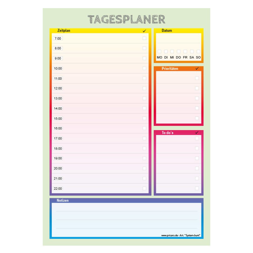 tagesplaner system bunt a5, frontansicht, mit der aufschrift "tagesplaner", notizbereich von 7-22 uhr, datumfeld und weitere notizbereiche für prioritäten, to-dos und notizen