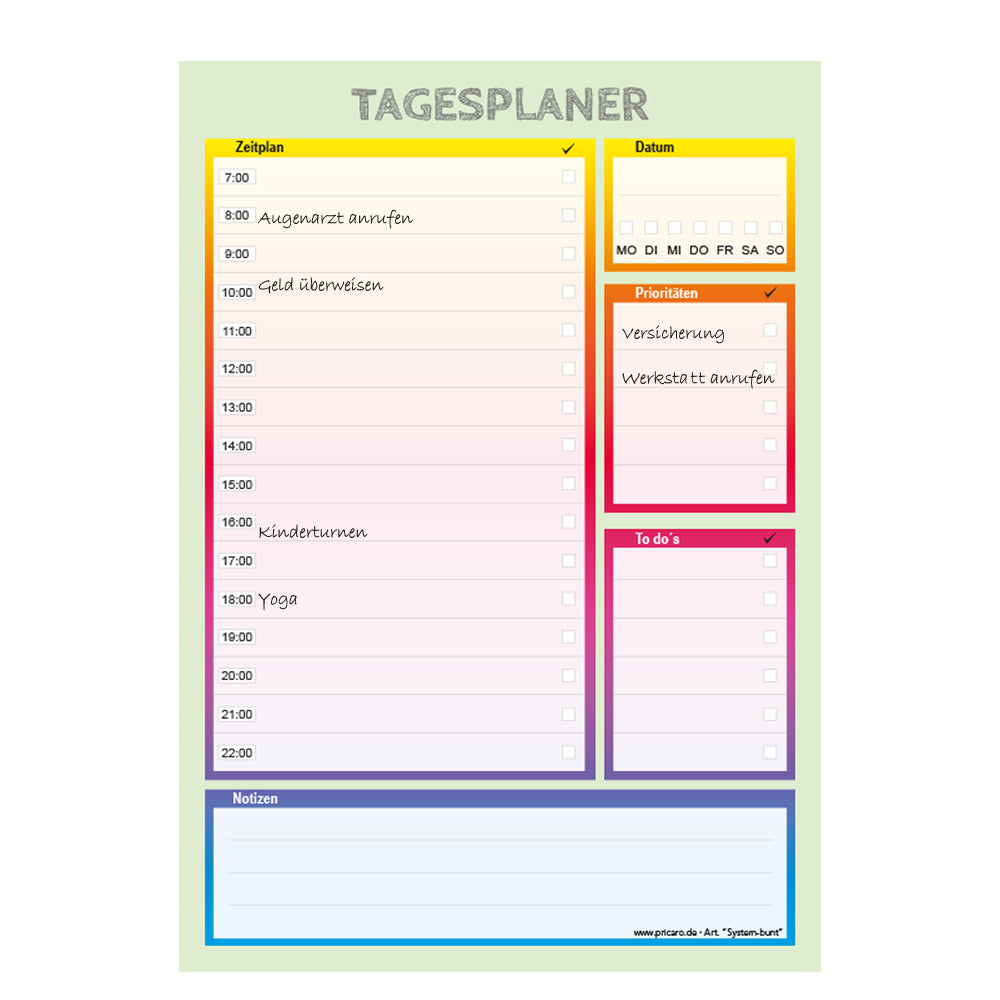 tagesplaner system bunt, ausfüllbeispiel