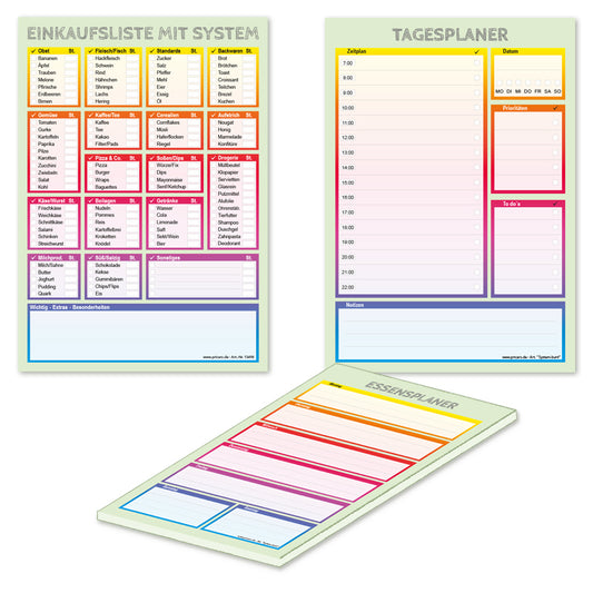 planer komplettsets, planer trio "system" bunt, a5, bestehend aus einkaufsliste, tagesplaner und essensplaner im design system bunt