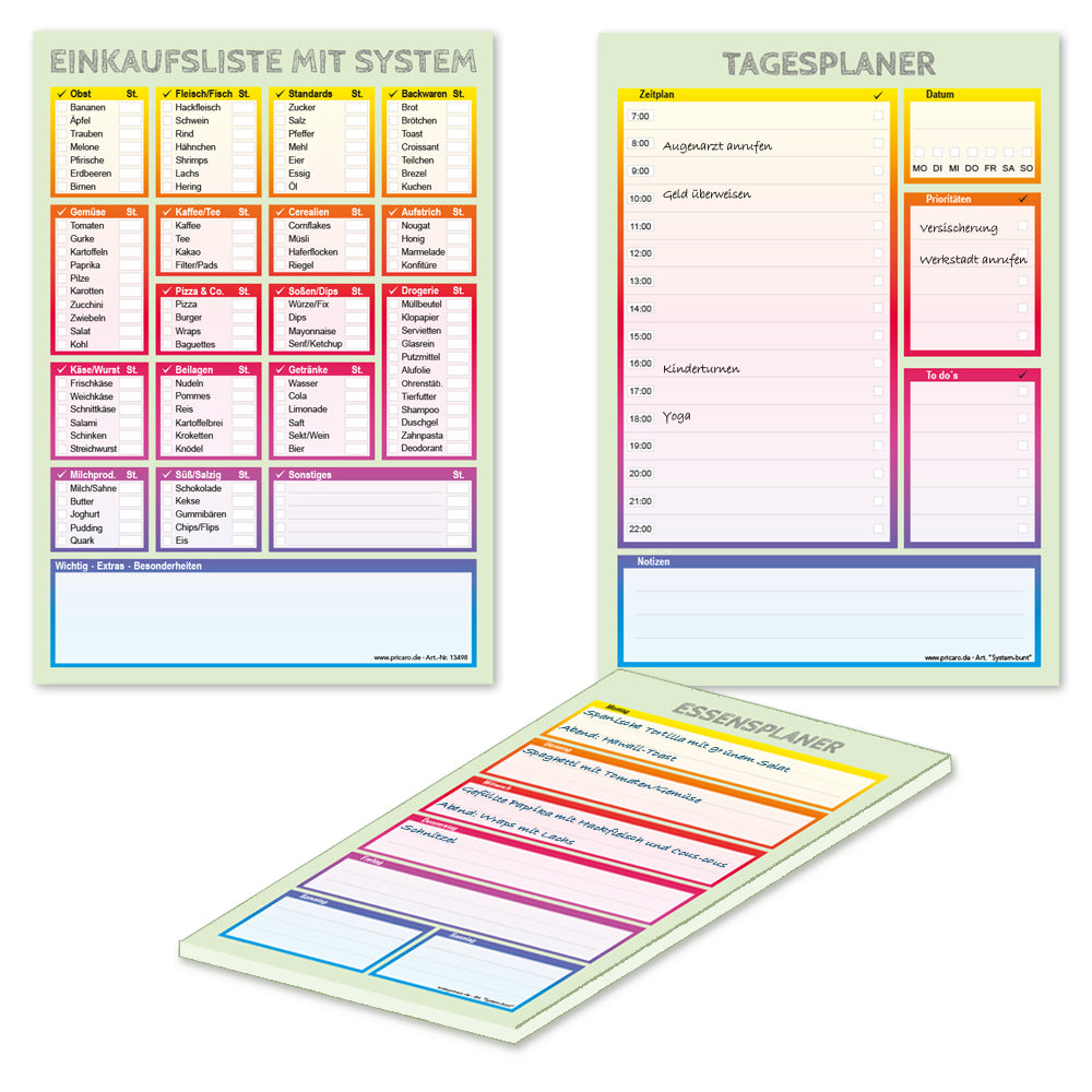 planer komplettsets, planer trio "system" bunt, a5, bestehend aus einkaufsliste, tagesplaner und essensplaner im design system bunt, ausfüllbeispiel
