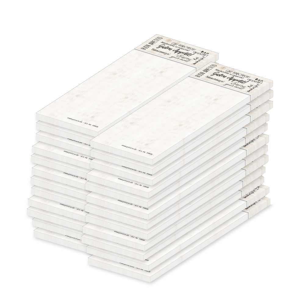 kellnerblock guten appetit, weiß, graue optik mit der aufschrift "guten appetit" in verschiedenen sprachen, 24er set