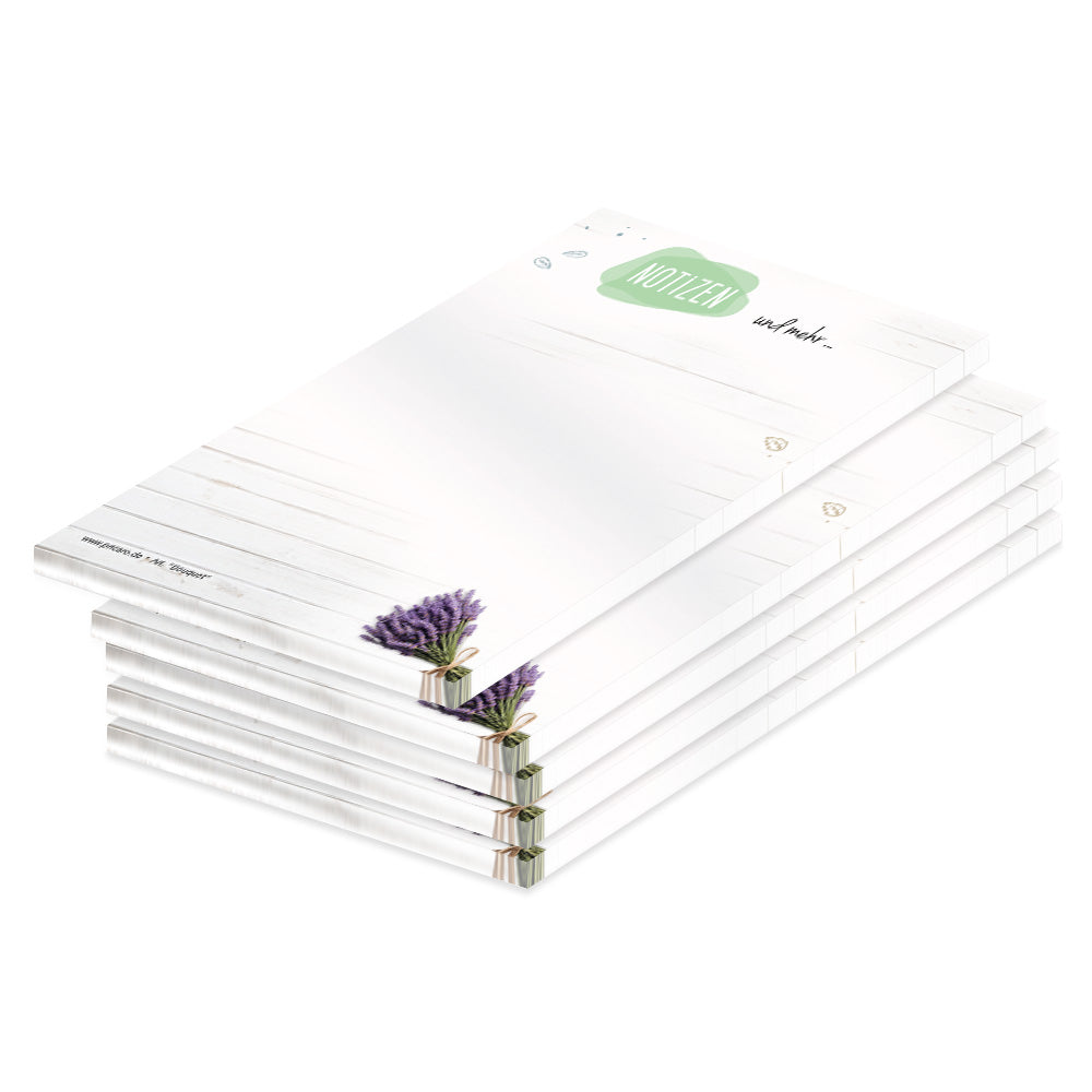 notizblock a6 bouquet, weiße optik mit lavendelstrauss und aufschrift "notizen und mehr", 5er set