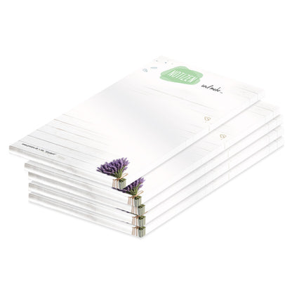 notizblock a6 bouquet, weiße optik mit lavendelstrauss und aufschrift "notizen und mehr", 5er set